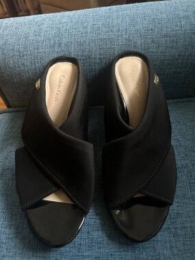 Calvin Klein Black Crossband Peep-Toe Wedge Mules